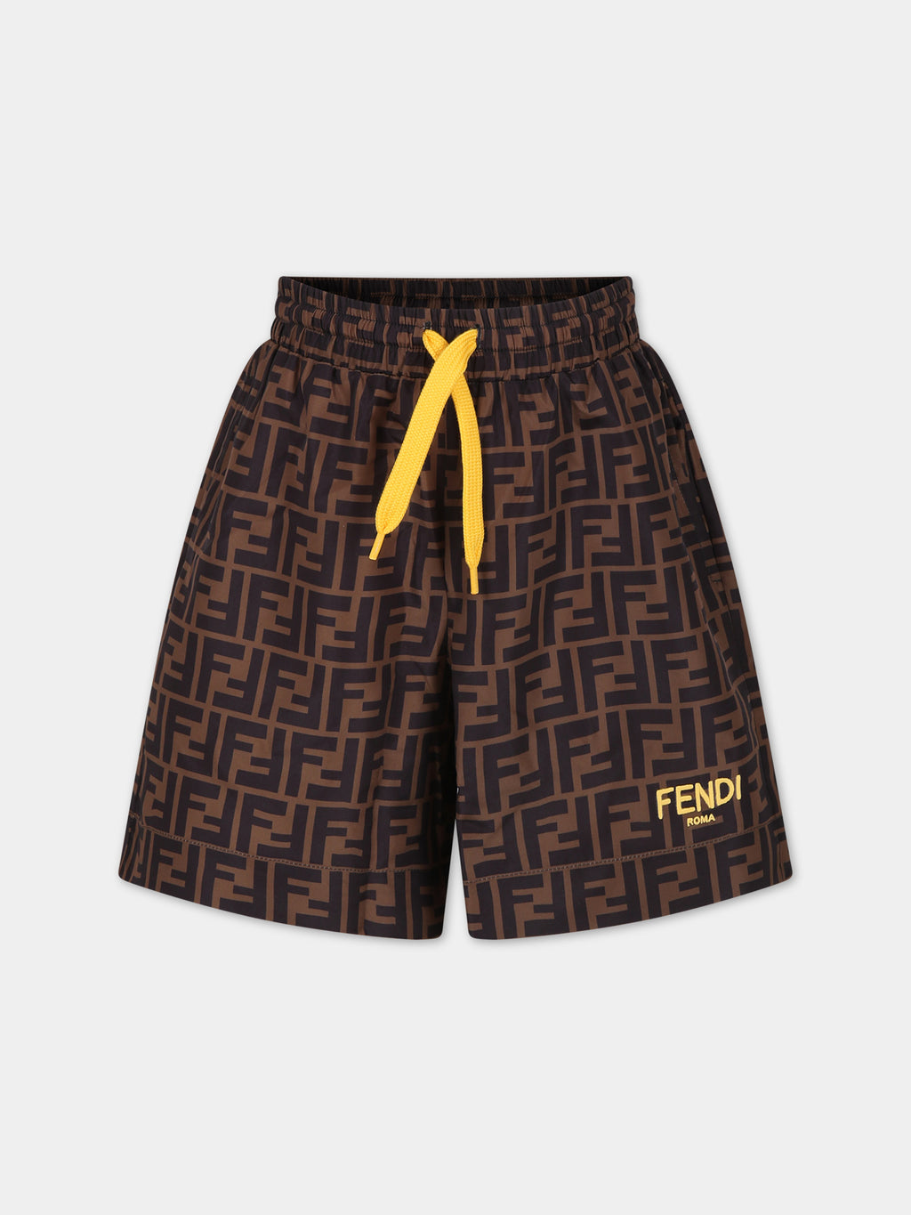 Maillot de bain marron pour garçon avec FF emblématique et logo Fendi